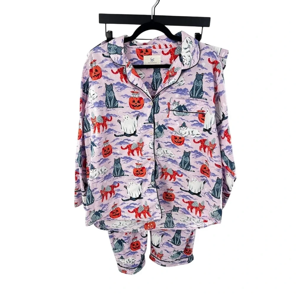 Printfresh Halloween Cats Lavender Pajama Set 1X Long Sleeve Cotton Poplin